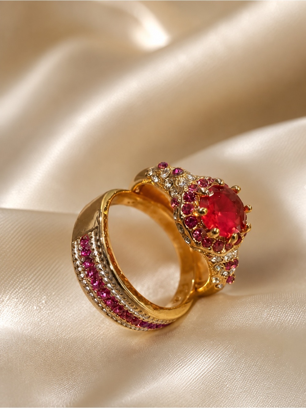 Ruby Red Statement Ring Set | Gold Tone Pink Crystal Cocktail Rings | Glam Fashi